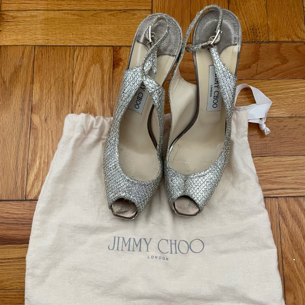 Jimmy Choo Silver/Gold Glitter and Leather Peep Toe Slingback Platform